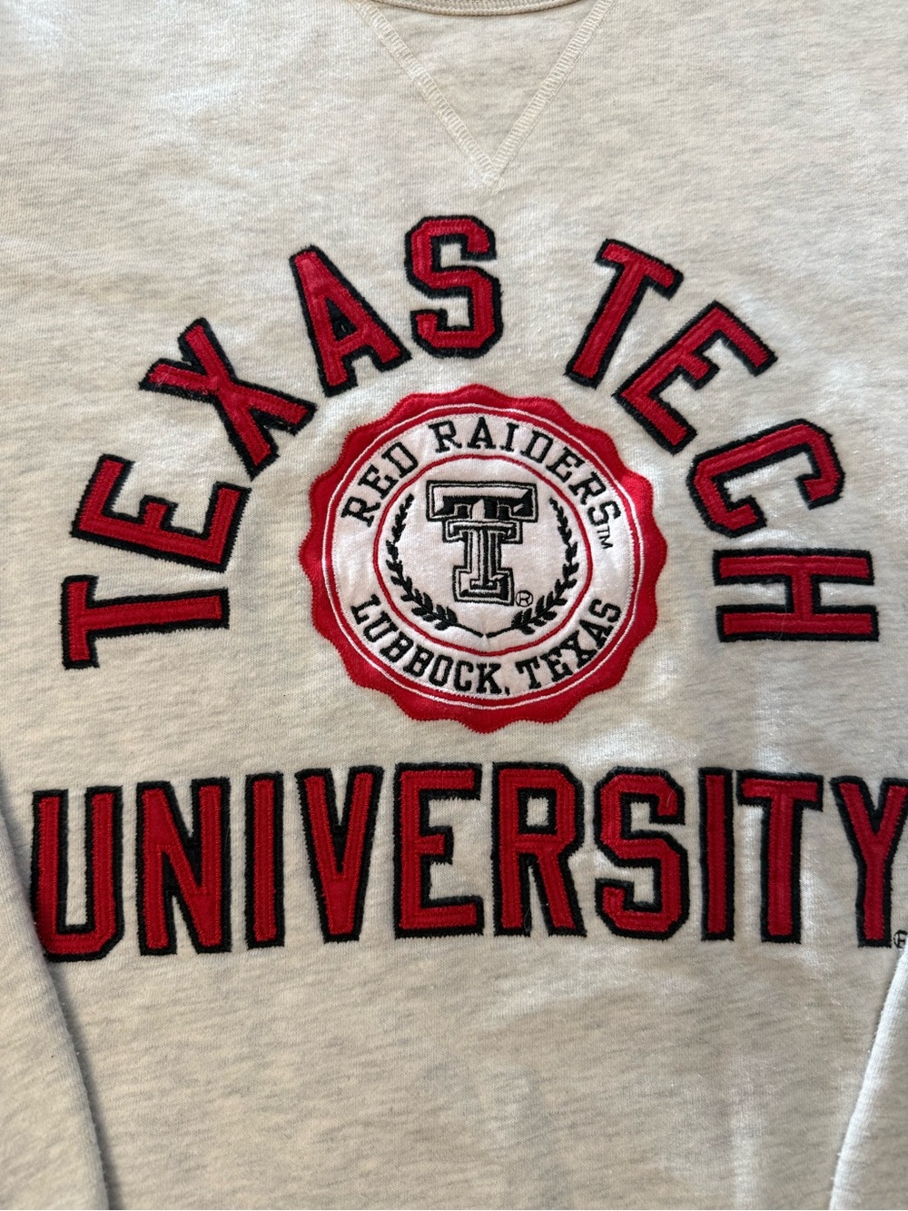 League Heather Gray Embroidered Crewneck Sweatshirt with Red Texas Tech Applique - Picture 2 of 6